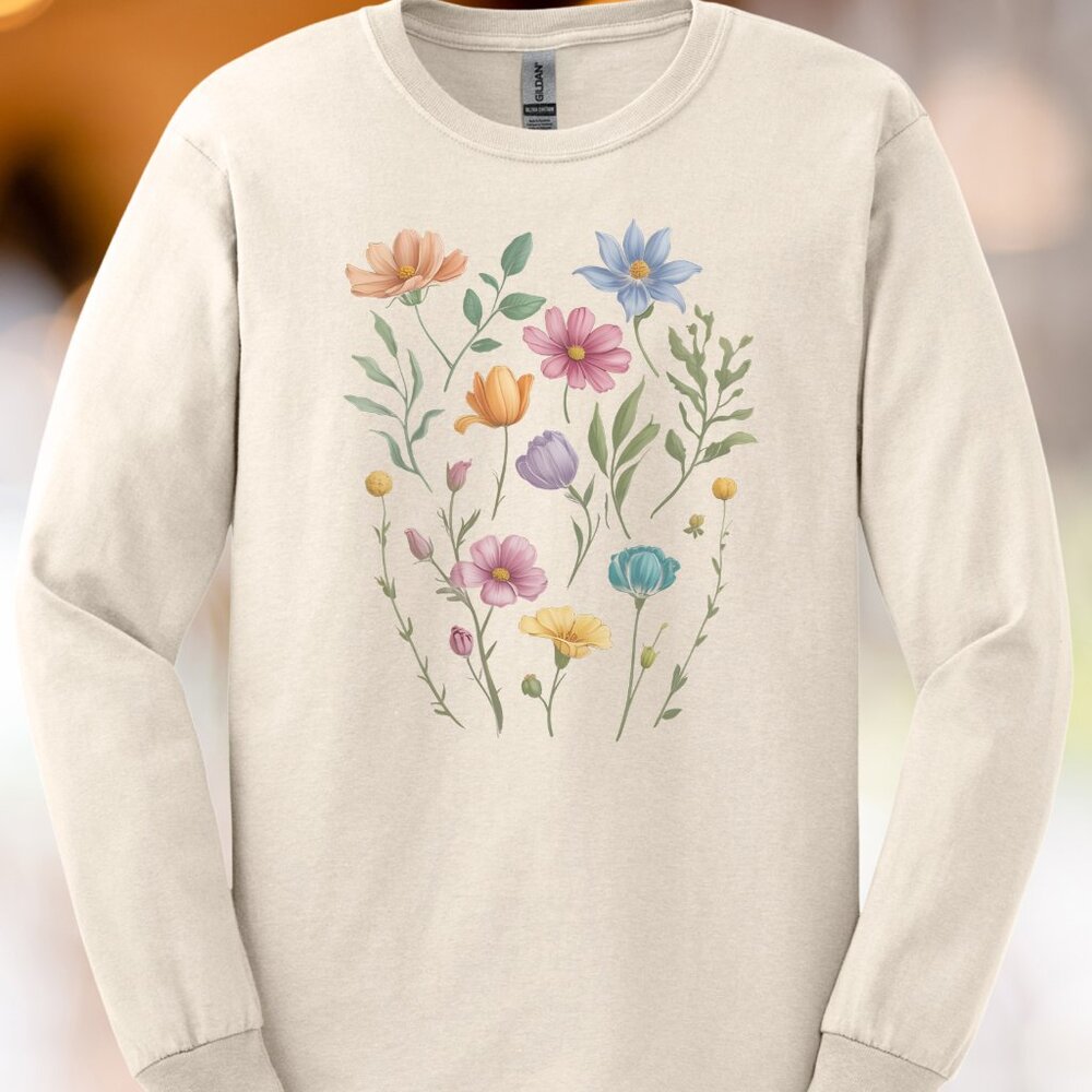 Long Sleeve Cream Shirt Pastel Wildflower Garden Graphic Floral Tee